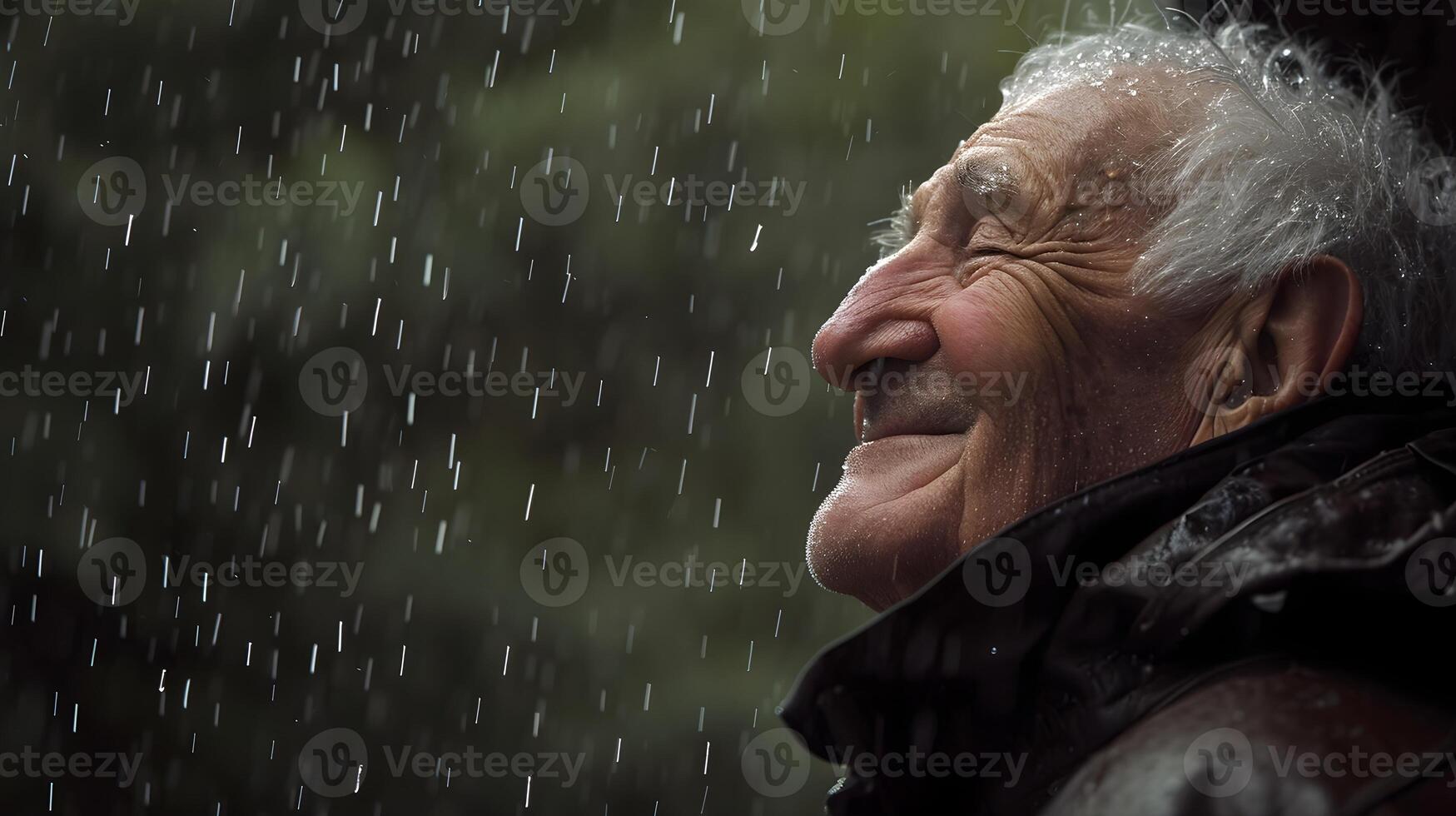 AI generated Side view portrait of a smiling elderly white male drenched in the pouring rain, generative AI, background image photo