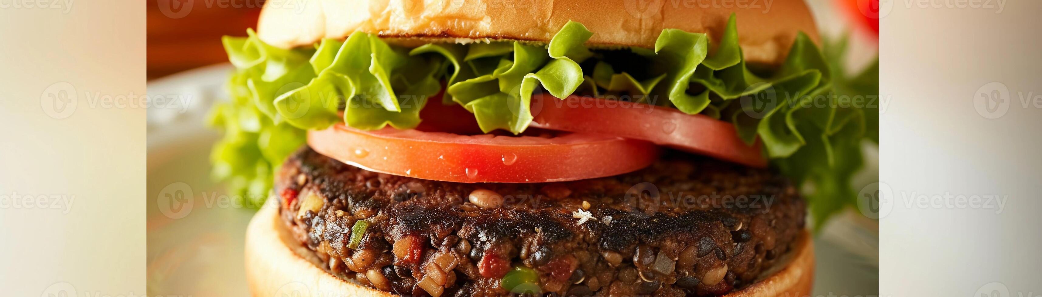 AI generated Vegetarian Burger, vegetarian burger patty made from black beans or lentils, background image, generative AI photo