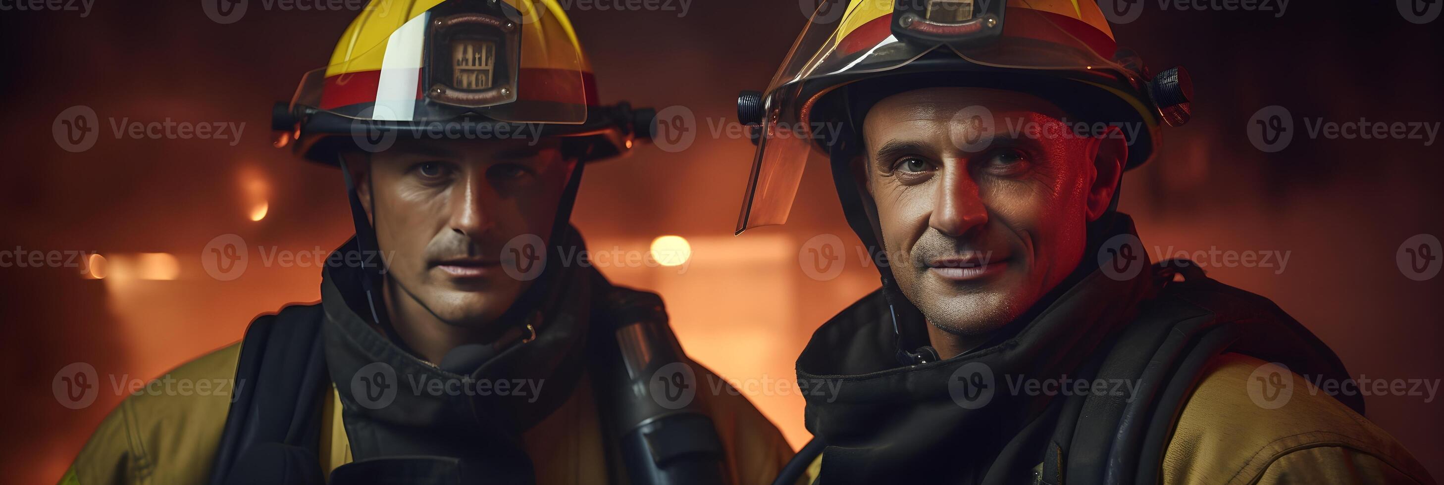 ai generado retrato de dos masculino bomberos en deber, generativo ai foto