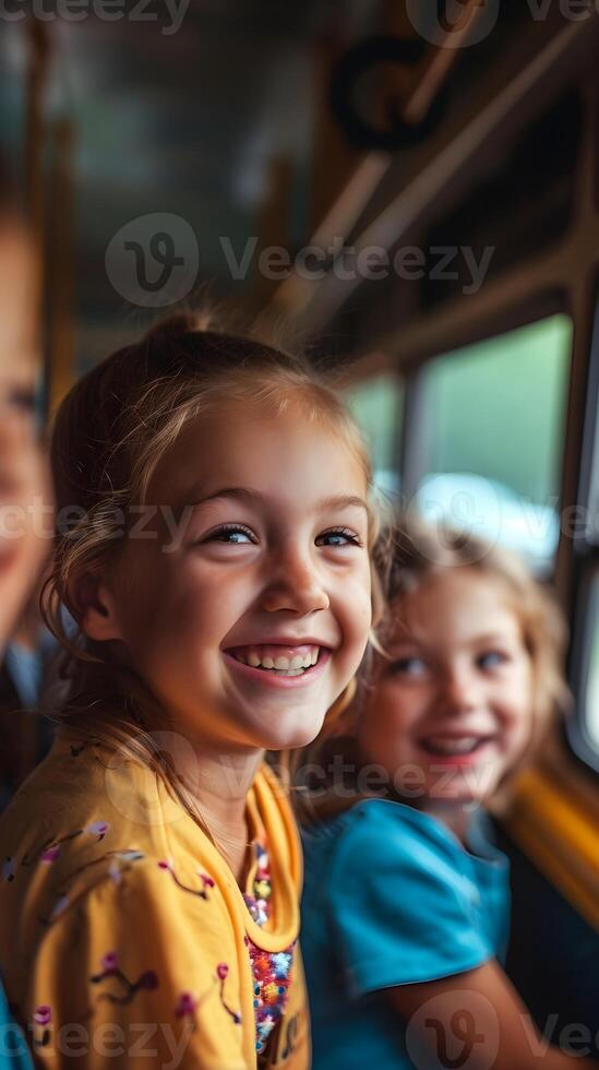 AI generated Back to school, School Bus Stories, Photograph kids sharing stories and laughter while riding the school bus, background image, generative AI photo