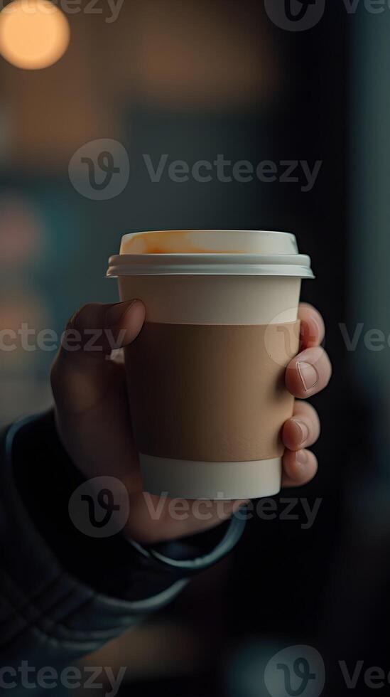 AI generated Close-up of a man's hand holding a cup of coffee, background image, generative AI photo
