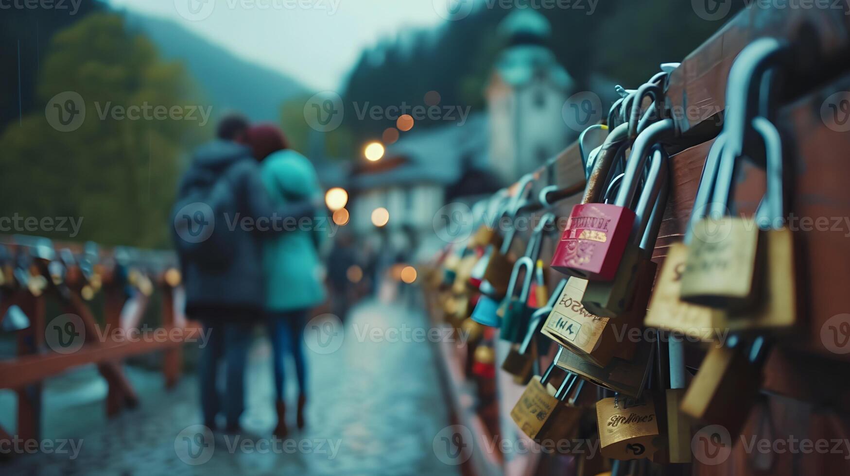 AI generated Couples placing love locks on a picturesque bridge, valentine's day vibes, background image, generative AI photo