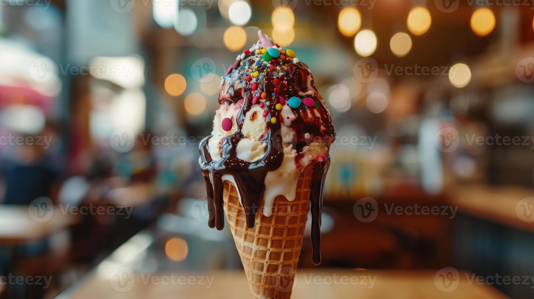 AI generated Melting Bliss, single scoop of ice cream melting on a waffle cone, generative AI photo