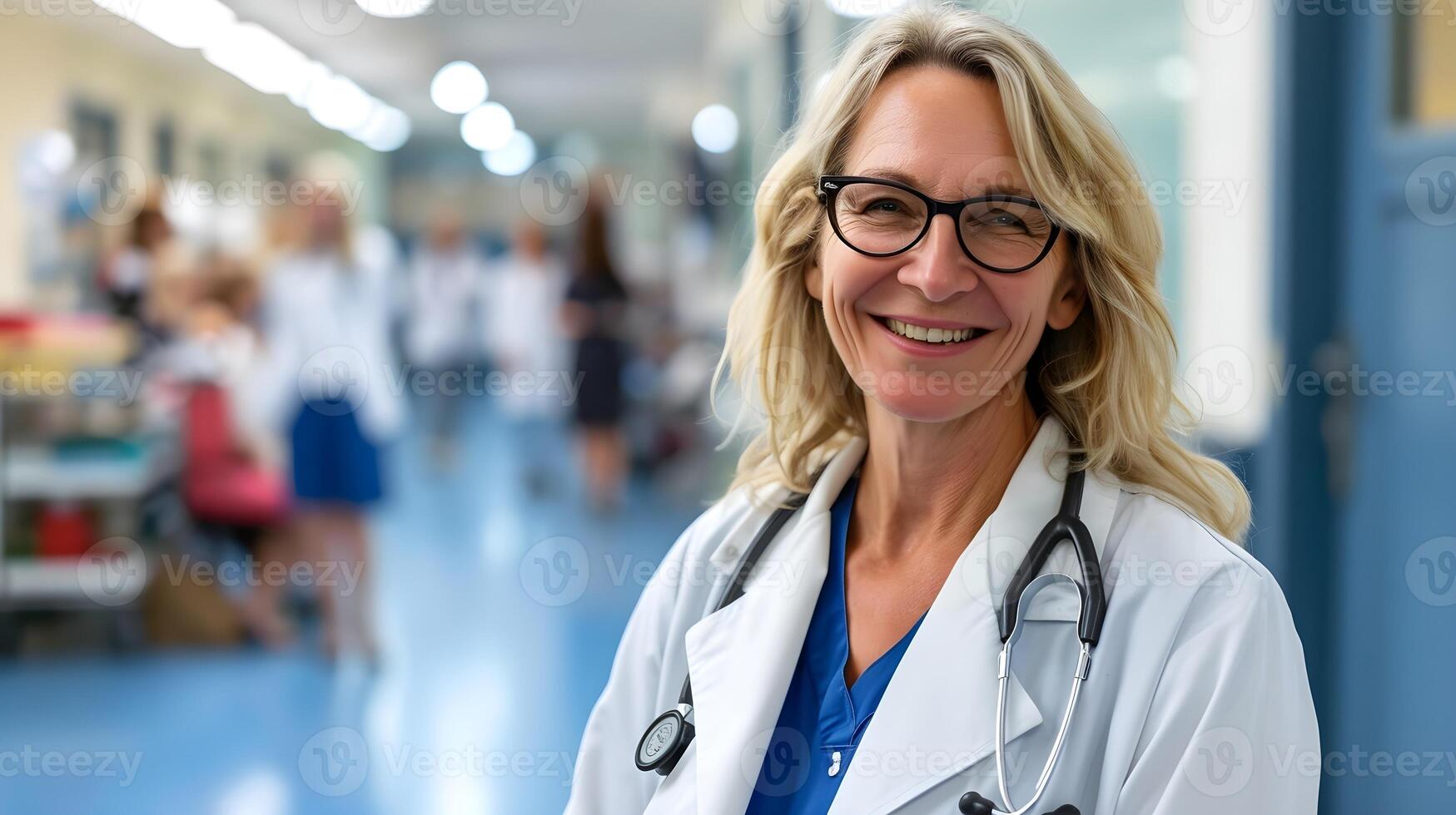 AI generated A middle-aged white female doctor smiles against the background of a busy hospital atmosphere, generative AI photo