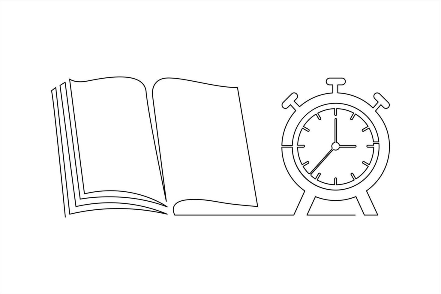 Continuous single line drawing of open book and alarm clock. world book day concept one line draw design vector illustration