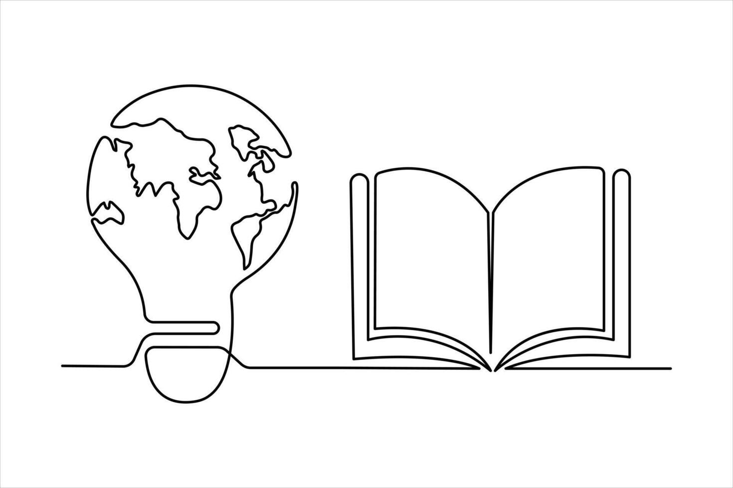 Continuous One line book drawing with world Map and light bulb outline vector art illustration world book day concept design.