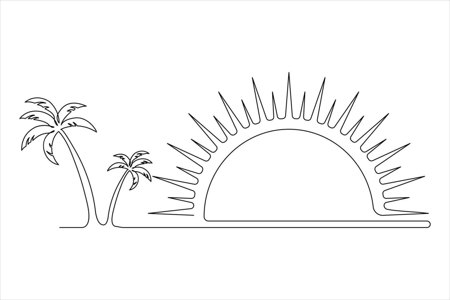 continuous One line drawing of beautiful sunset scenery. single line art of palm tree and birds Isolated on vector illustration design.