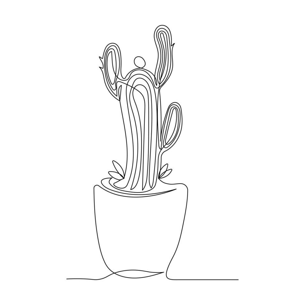 Continuous single line Cactus outline drawing vector art illustration isolated design on white Background.