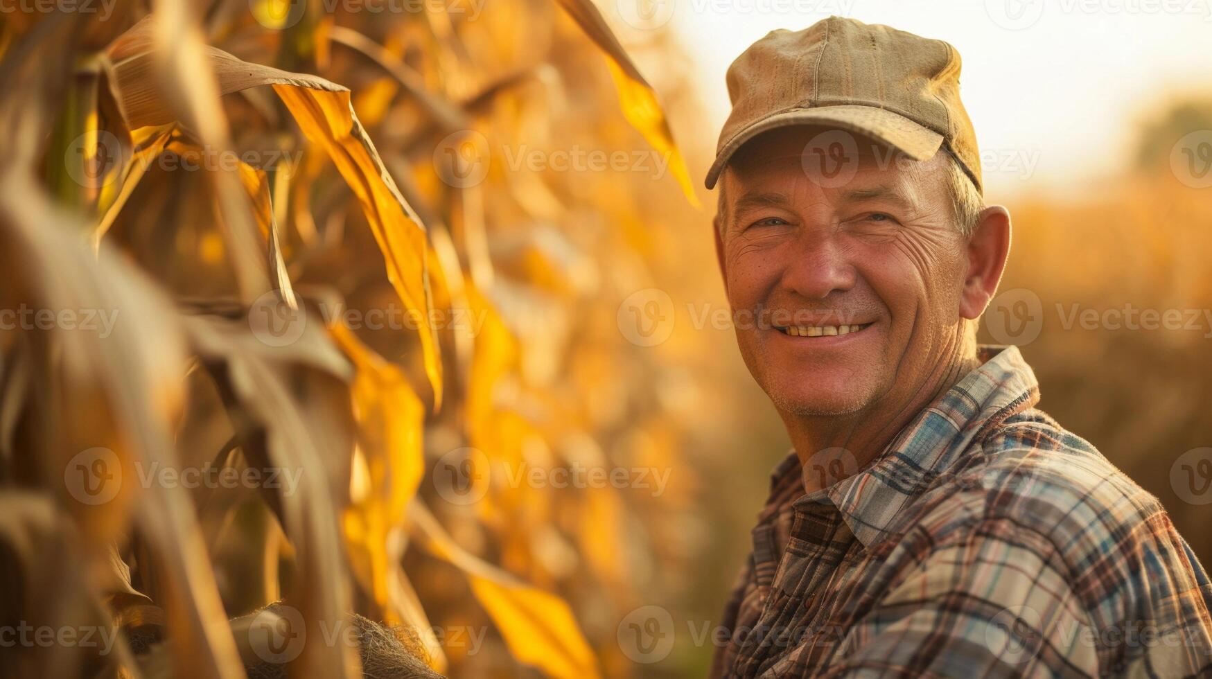 AI generated Portrait of a smiling white male corn farmer working in his corn field, generative AI, background image photo