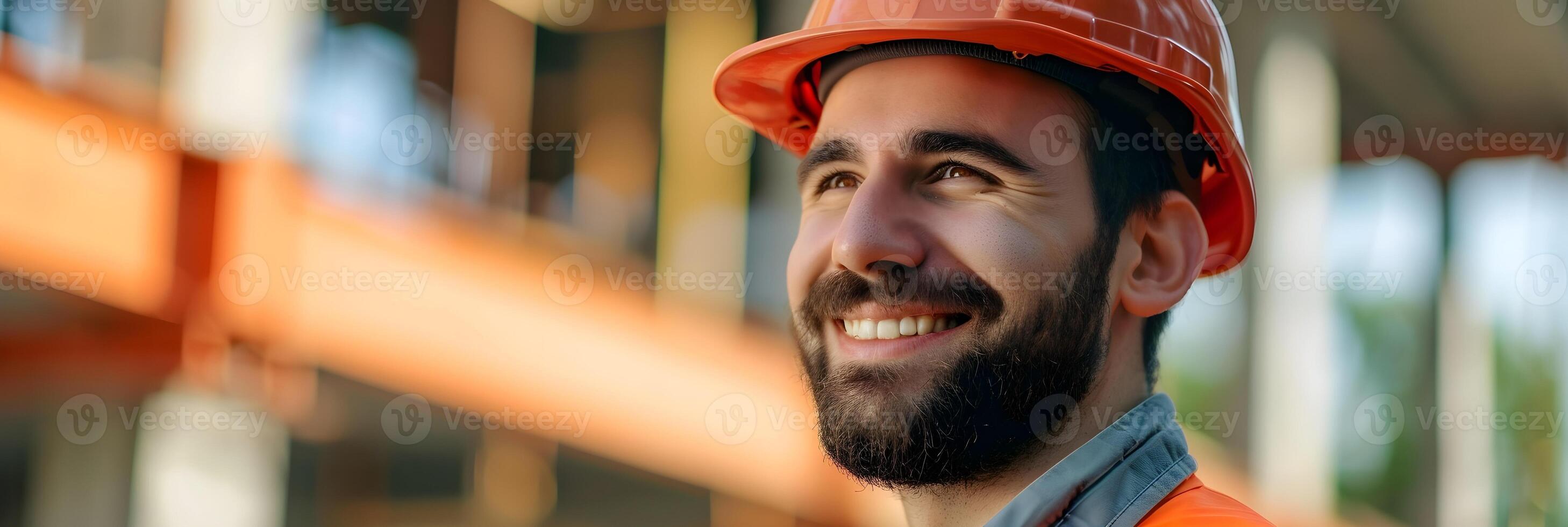 ai generado retrato de un sonriente masculino construcción trabajador en un edificio proyecto, generativo ai foto