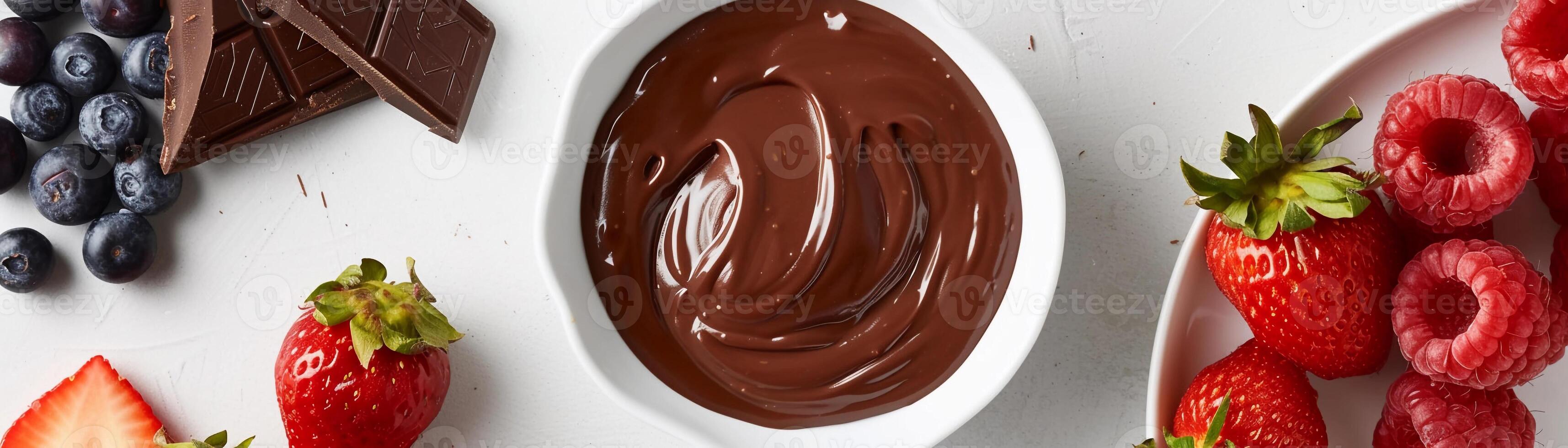 ai generado chocolate fondue, cuenco de Rico y aterciopelado chocolate fondue rodeado por un surtido de inmersión frutas y golosinas, antecedentes imagen, generativo ai foto