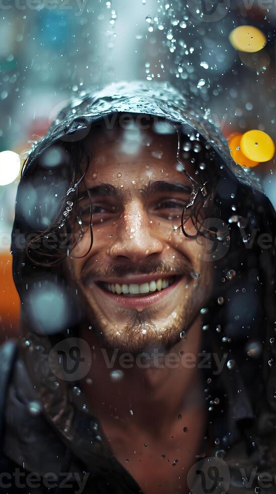 AI generated Portrait of a smiling young white male drenched in heavy rain, generative AI, background image photo