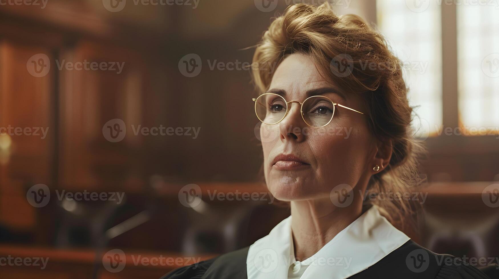 AI generated Portrait of a white middle-aged female judge on duty against court atmosphere background, background image, generative AI photo