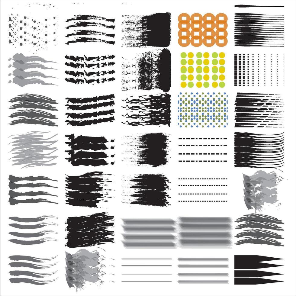 tinta texturizado cepillar. grunge arañazos y sucio textura pintar salpicaduras artístico cepillo trazos, marcos y cajas vector recopilación. negro muestras, lugares y imperfecciones. cepillos, resumen rastros,