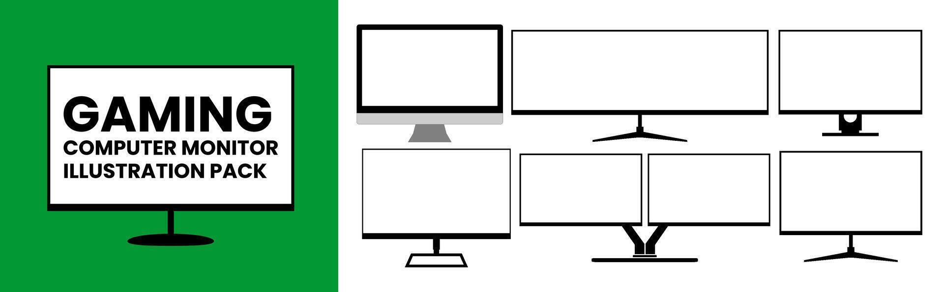 gaming computer monitor illustration pack. Simple Gaming Monitor computer Monitor Mockup, computer monitor frame icon presented on white background. vector