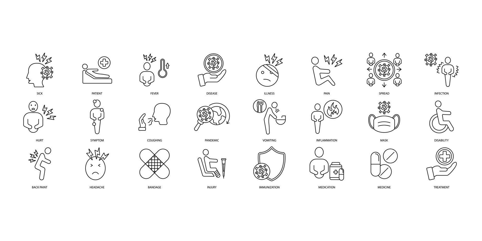Sickness icons set. Set of editable stroke icons.Vector set of Sickness vector