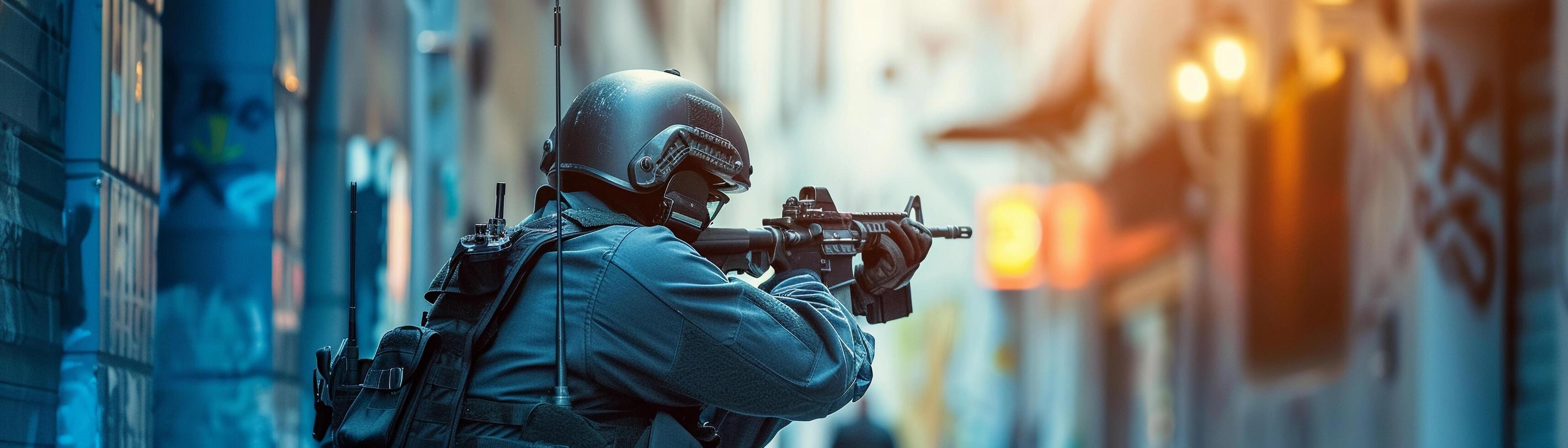 AI generated Action Hero, A policeman in action, chasing a suspect through an alleyway, gun drawn but aiming strategically, generative AI photo