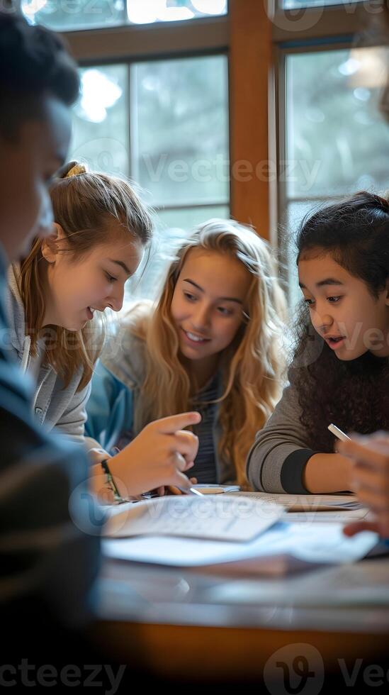 AI generated Back to school, Study Group, Photograph a group of students collaborating on homework or a project, background image, generative AI photo