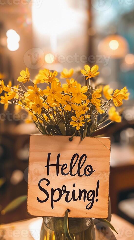 AI generated Photo of text 'Hello Spring' written with marker on wooden board, generative AI