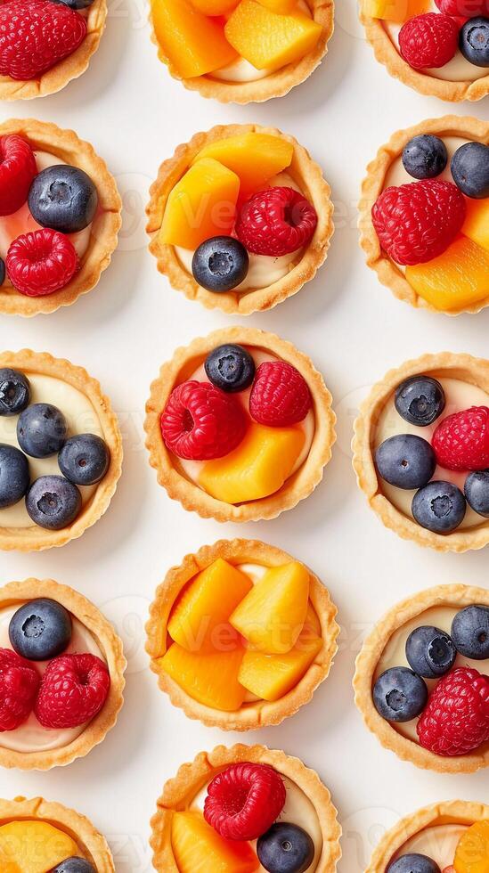 AI generated Fruit Tartlets, variety of fruit tartlets arranged in a visually appealing pattern on a white background, background image, generative AI photo