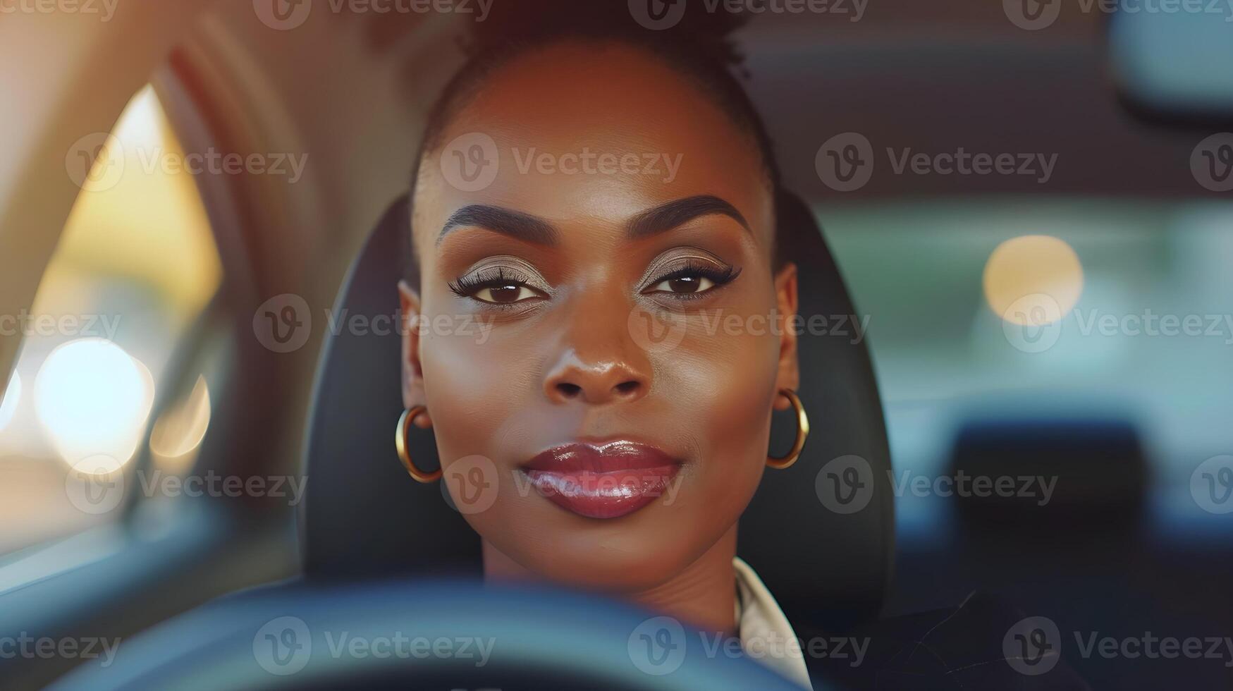 AI generated Portrait of a happy black businesswoman driving a luxury car, generative AI photo