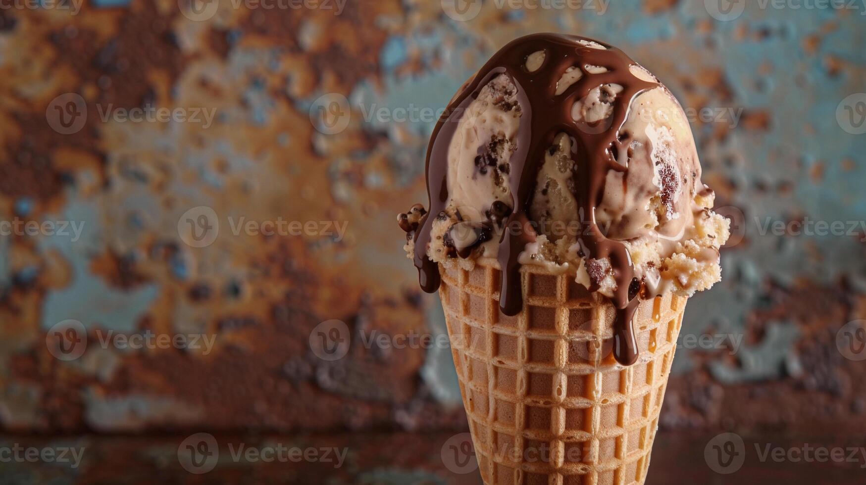 AI generated Melting Bliss, single scoop of ice cream melting on a waffle cone, generative AI photo