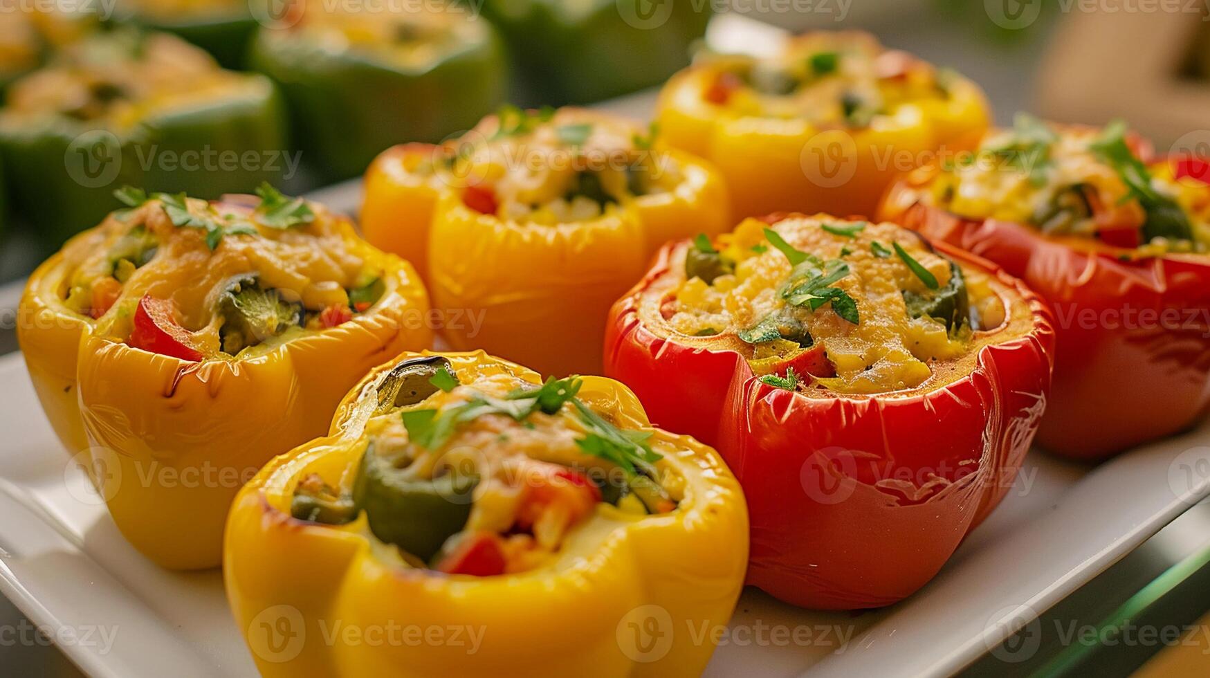 AI generated Stuffed Bell Peppers, close-up of halved bell peppers stuffed with a savory vegetarian filling, background image, generative AI photo