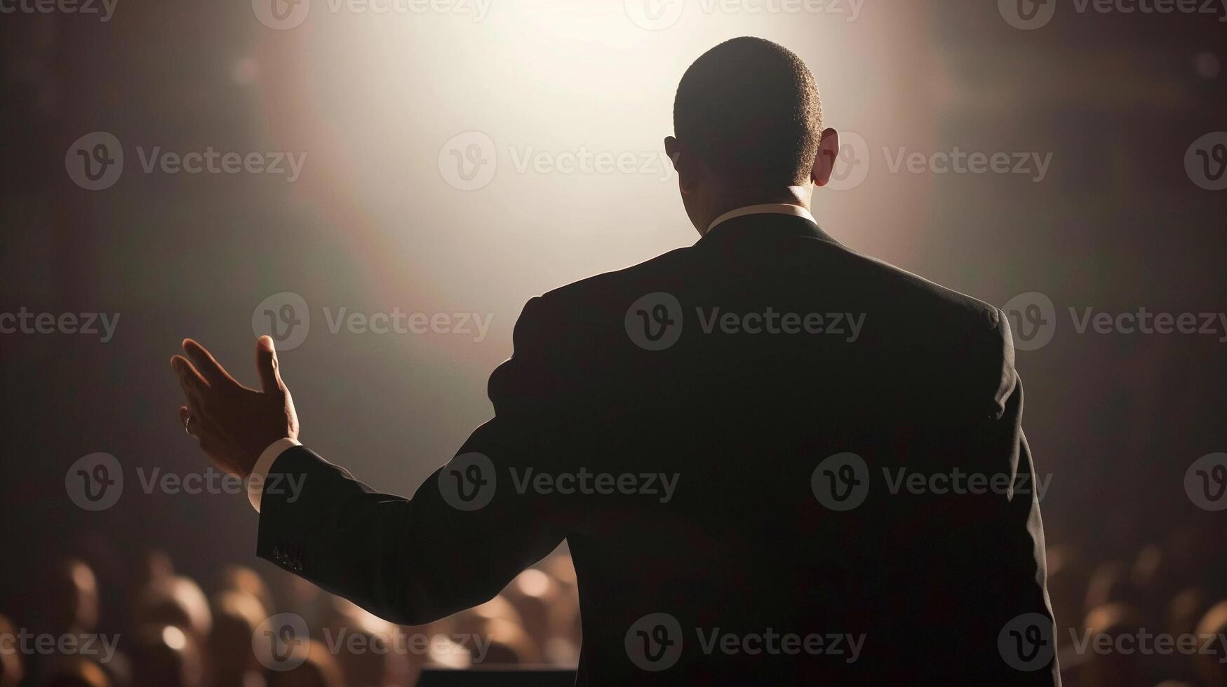 AI generated Captivating Orator, powerful presence of a political leader delivering a speech, background image, generative AI photo