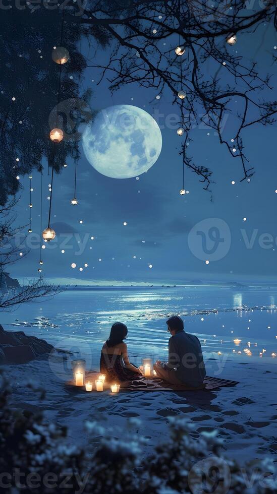 ai generado Pareja disfrutando un romántico playa picnic iluminado por velas y el suave resplandor de el luna, san valentin día vibras, antecedentes imagen, generativo ai foto