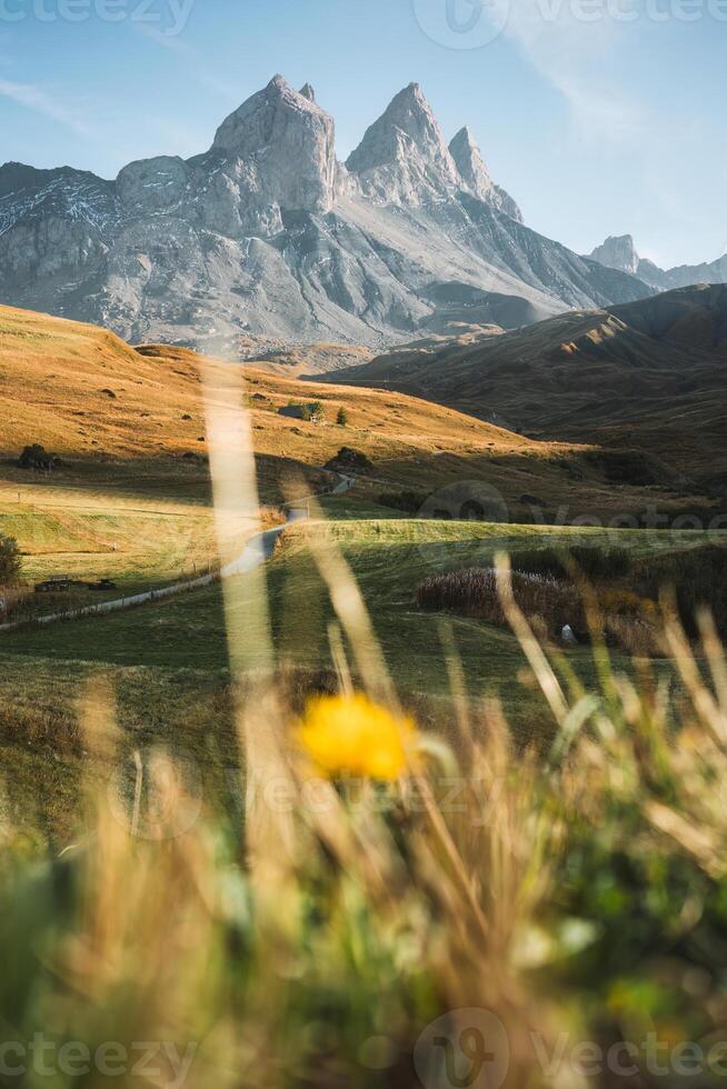 Aiguilles d Arves massif with iconic mountain peak in French Alps on autumn photo