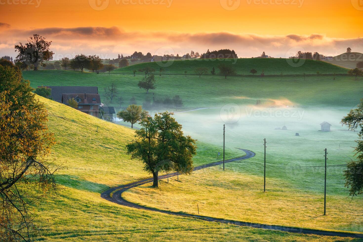 rural escena con curvo camino, árbol y pequeño pueblo en el Valle y brumoso Mañana a Suiza foto