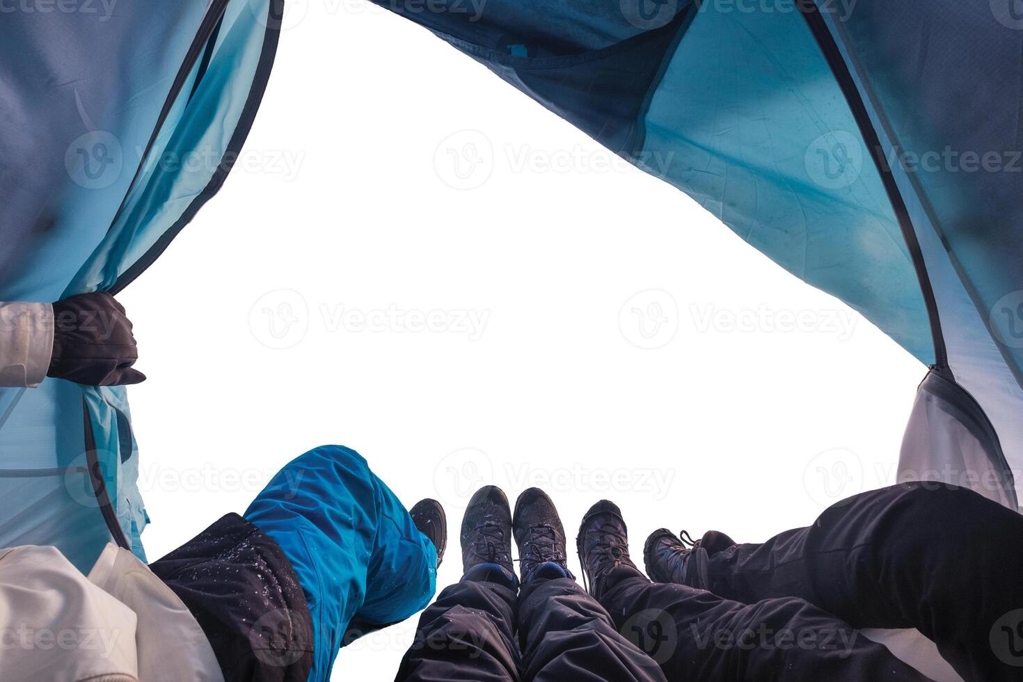 Group of climber are inside a tent with open on background photo