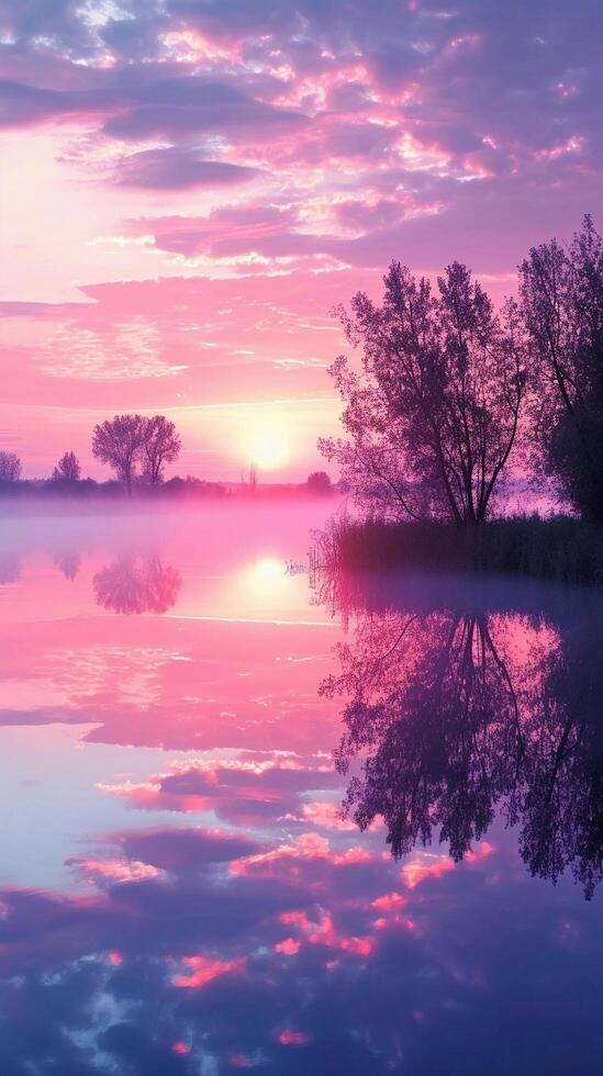 AI generated Tranquil Sunrise, serene atmosphere of a lake at sunrise, background image, generative AI photo
