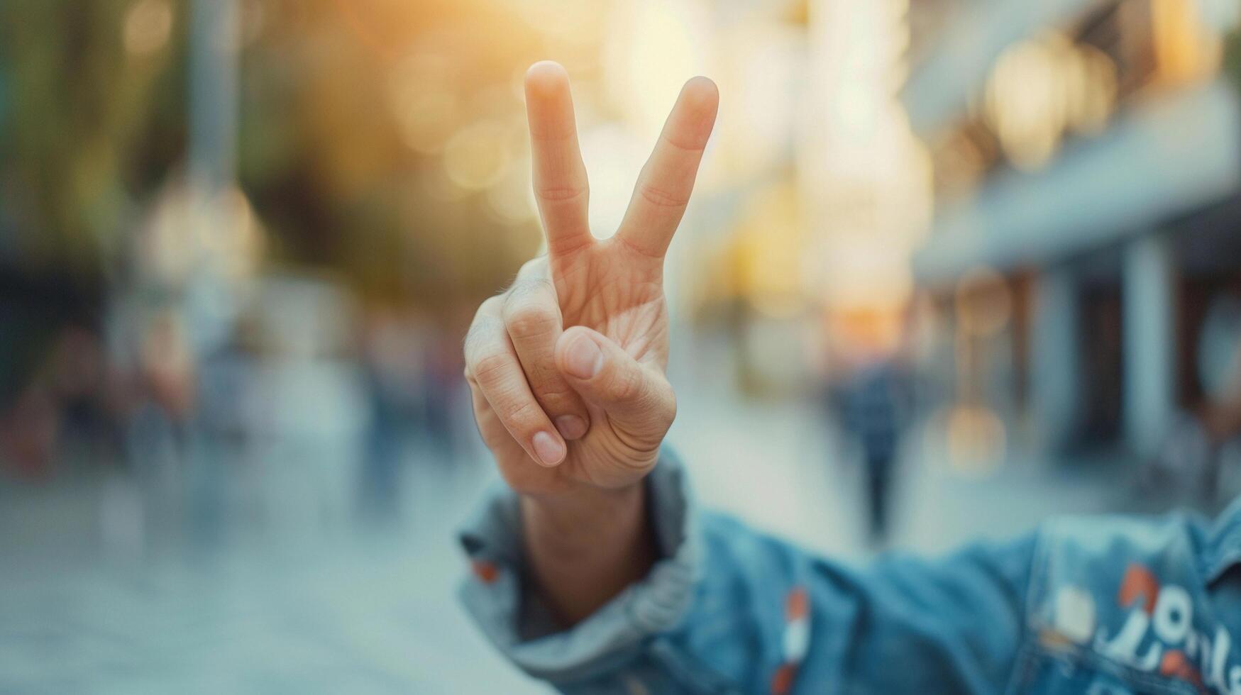 AI generated Close-up of male hand raising two fingers victory symbol, background image, generative AI photo