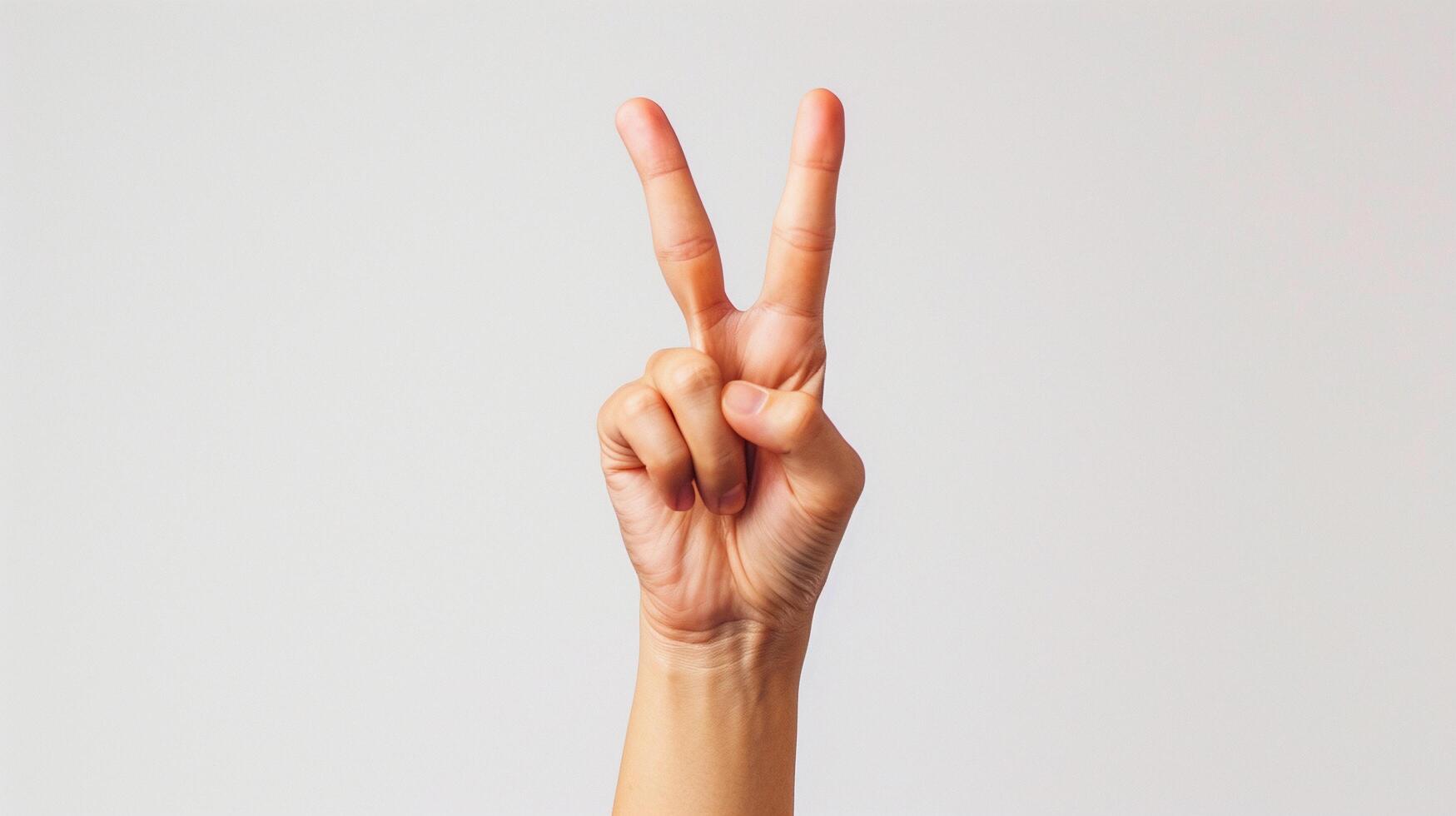 AI generated Close-up of hand raising two fingers victory symbol on white background, background image, generative AI photo