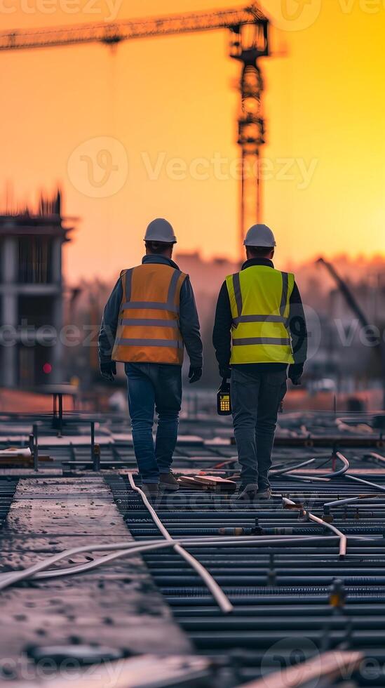 AI generated Portrait of two male construction worker on a building project, generative AI photo