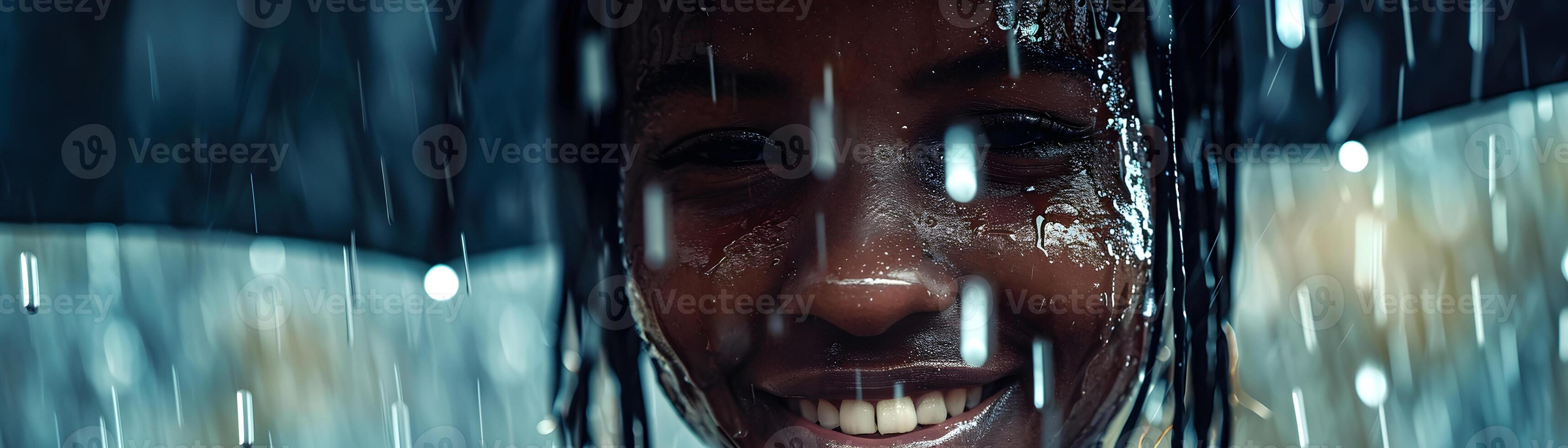 AI generated Portrait of a smiling young white male drenched in heavy rain, generative AI, background image photo
