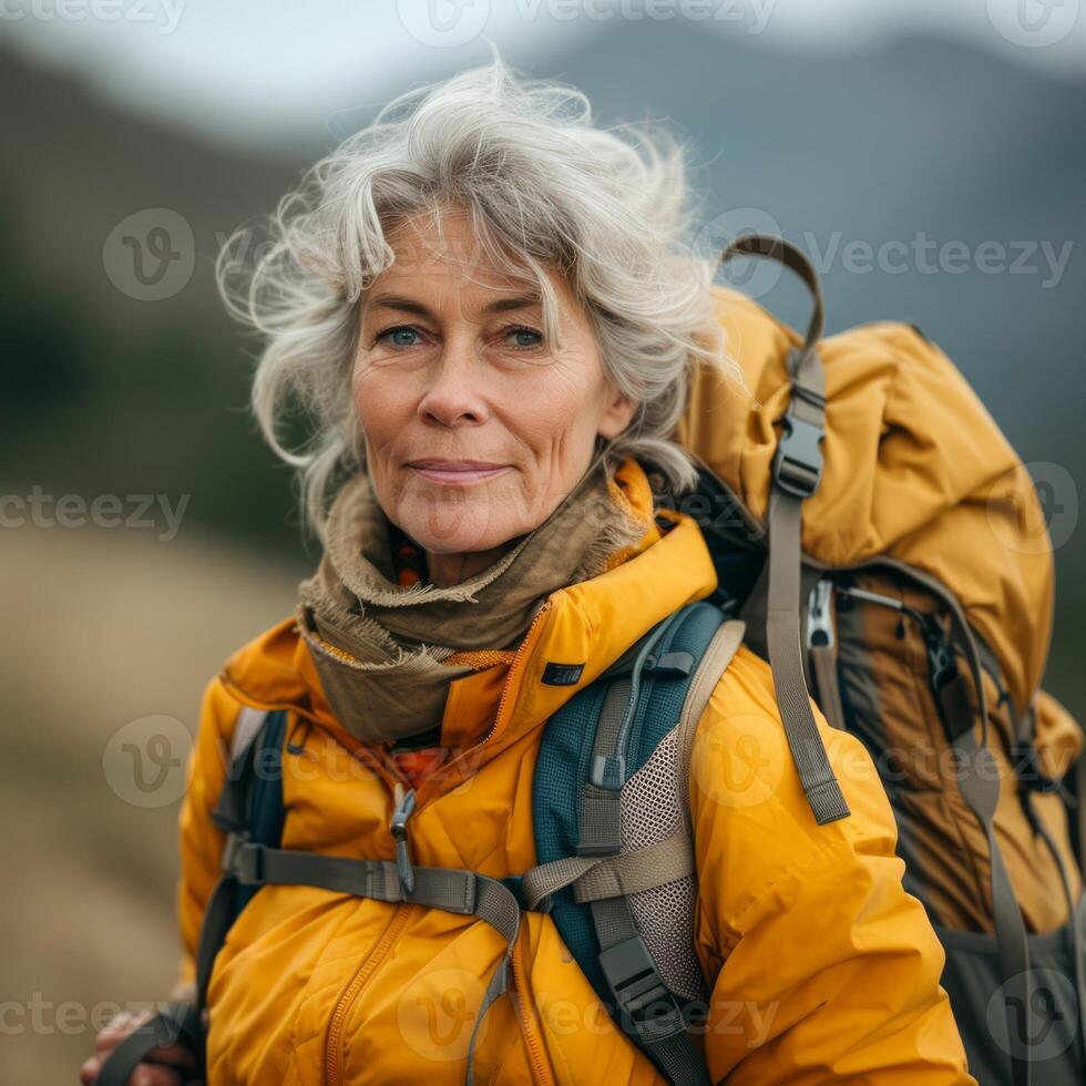 AI generated Attractive elderly woman traveling with a backpack photo