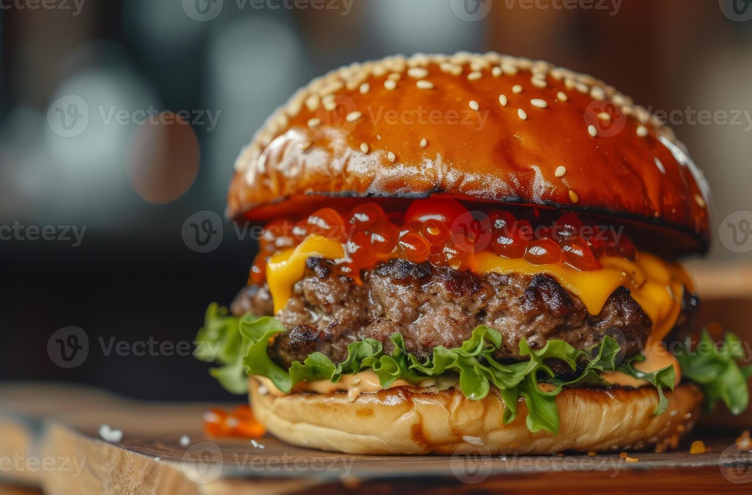 AI generated Delicious cheeseburger on the background of modern American cuisine photo
