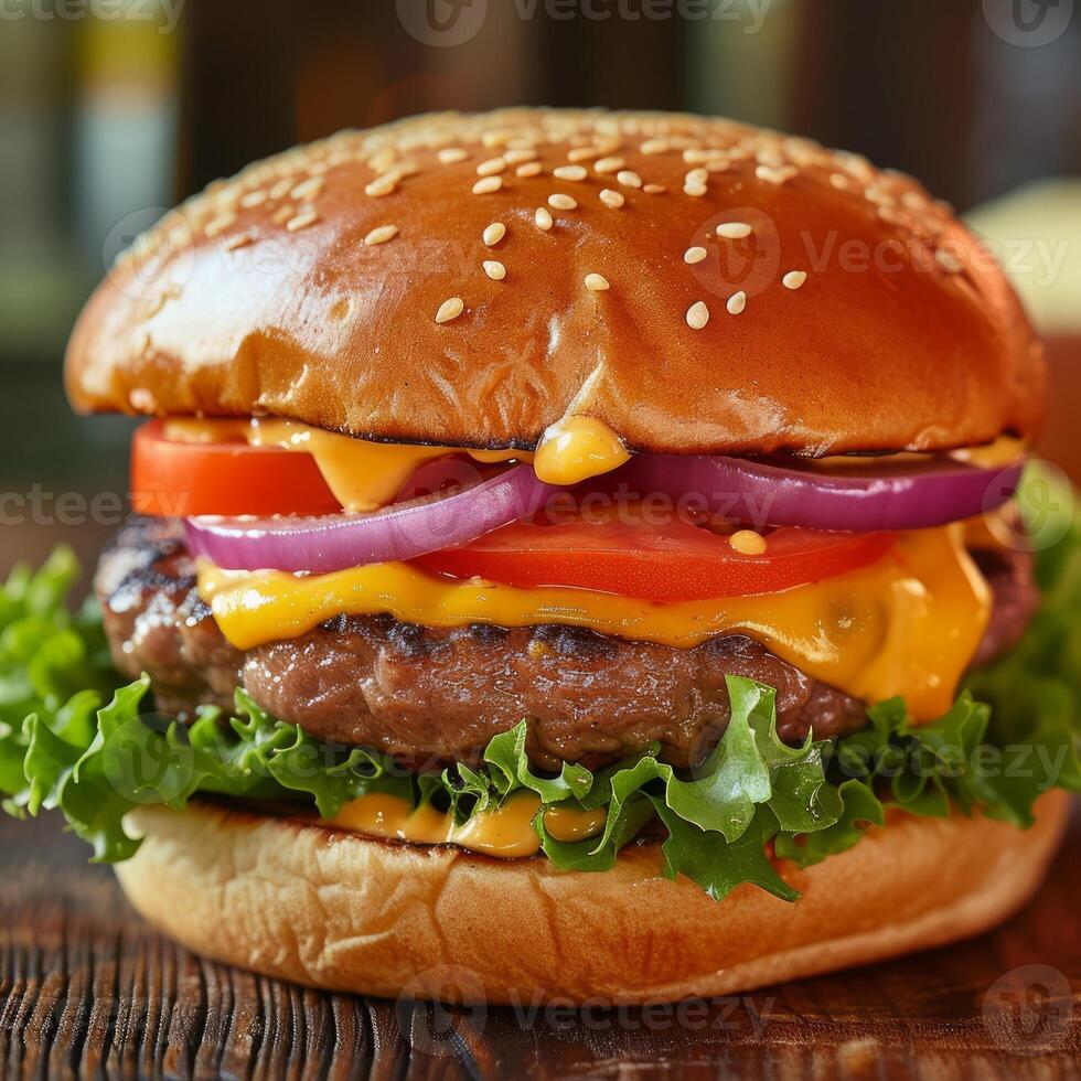 AI generated Delicious cheeseburger on the background of modern American cuisine photo