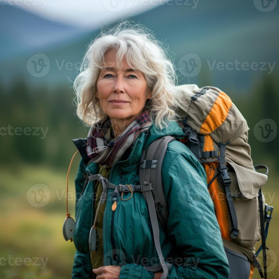 AI generated Attractive elderly woman traveling with a backpack photo