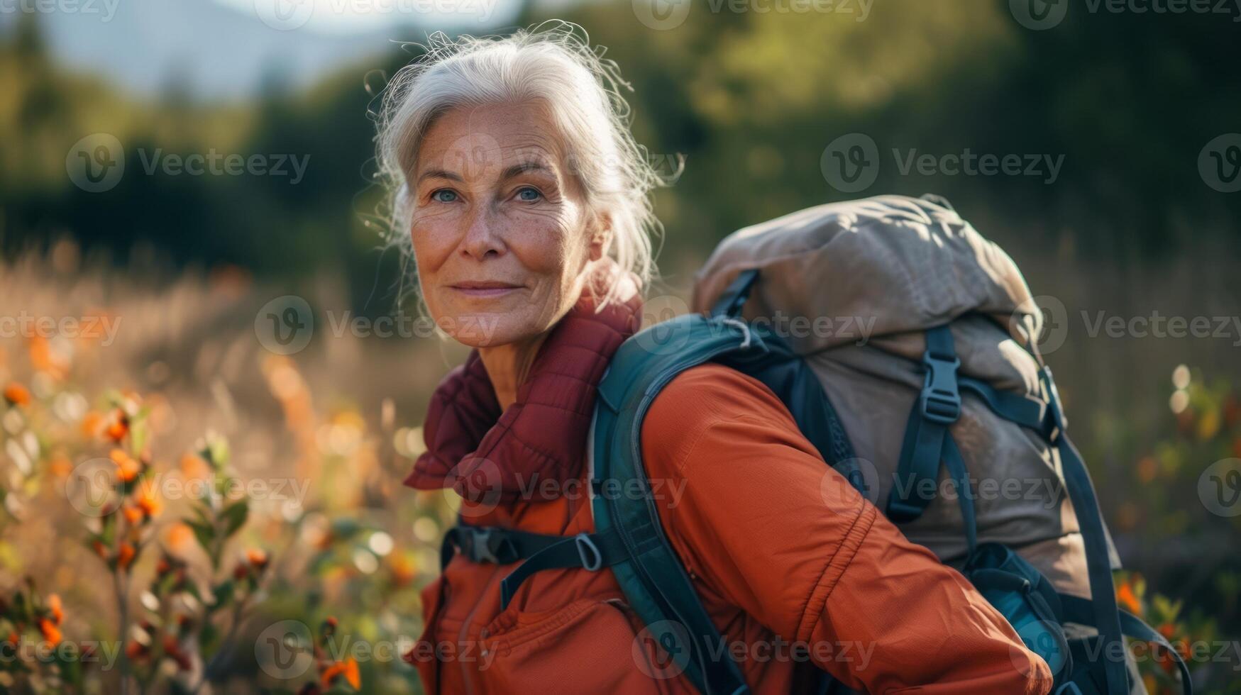 AI generated Attractive elderly woman traveling with a backpack photo