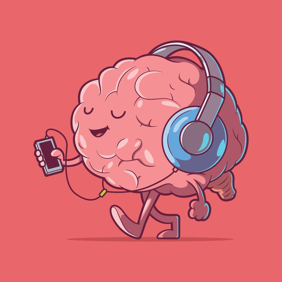 cerebro personaje utilizando auriculares vector ilustración. música, imaginación diseño concepto.