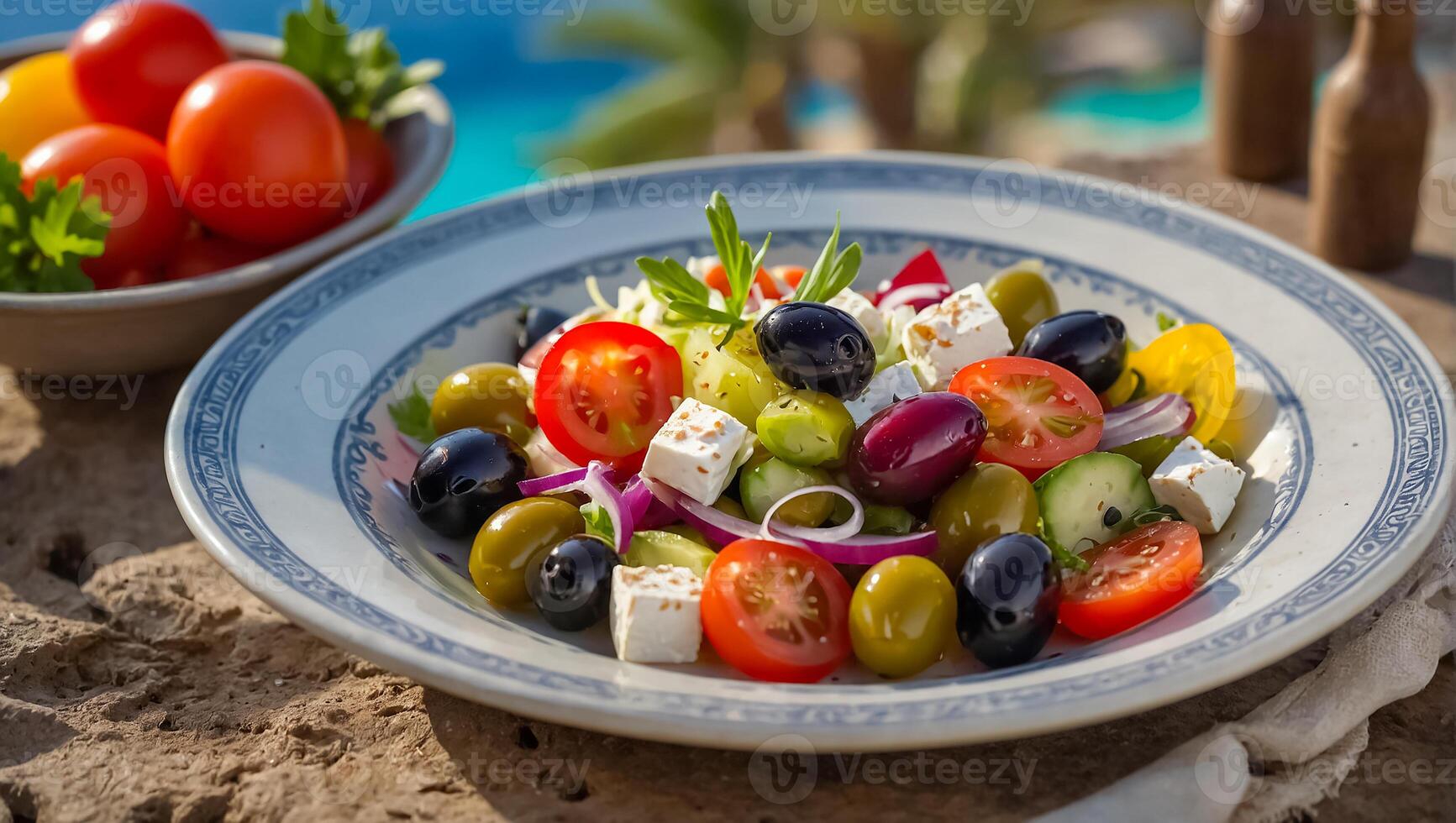 AI generated Delicious Greek salad in a plate outdoors in Greece photo