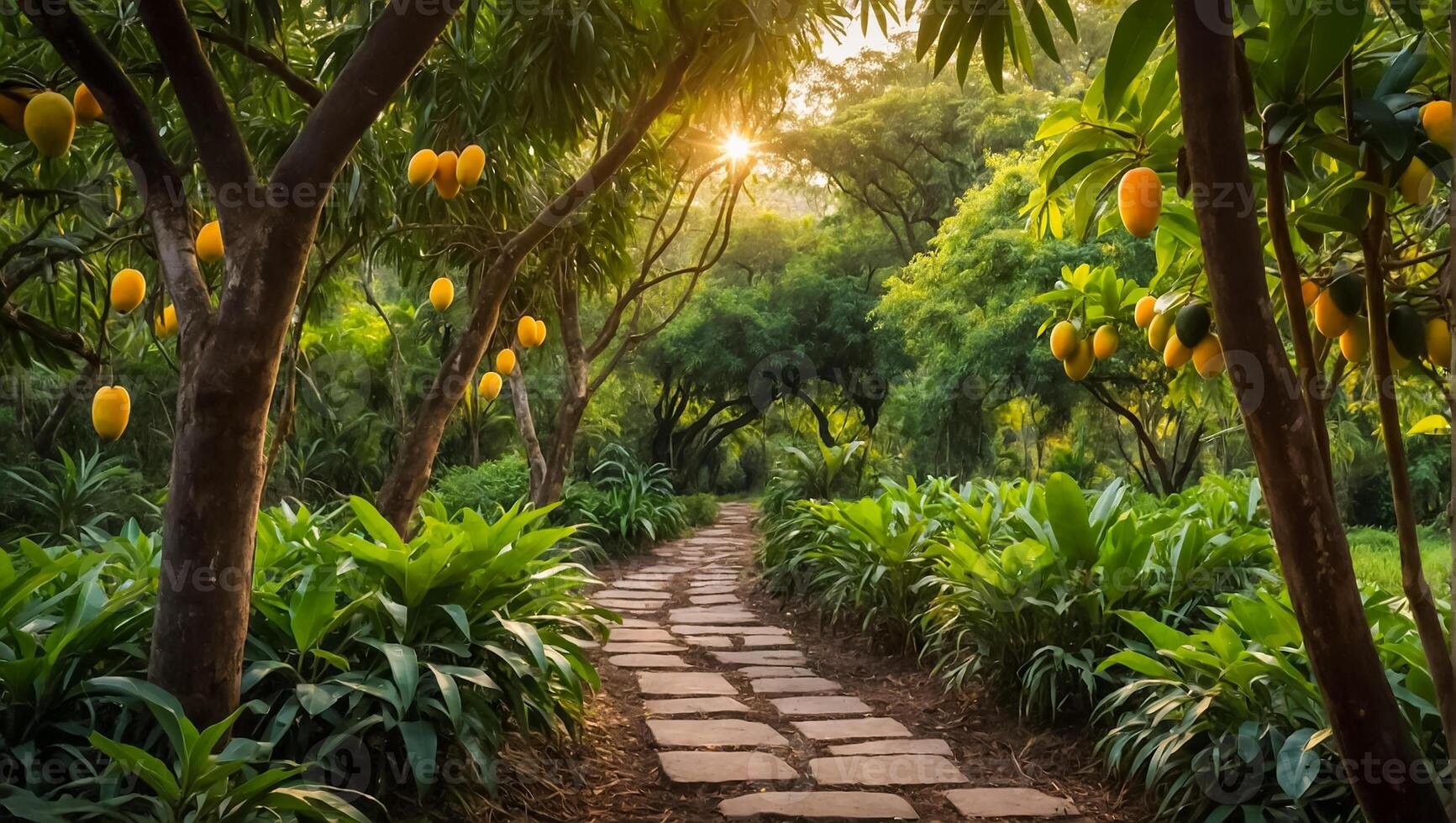 Beautiful alley with mango trees in the garden photo
