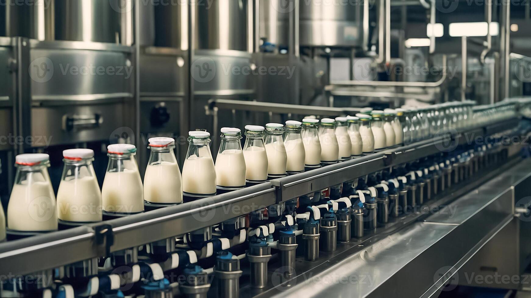 AI generated Conveyor with milk bottles photo