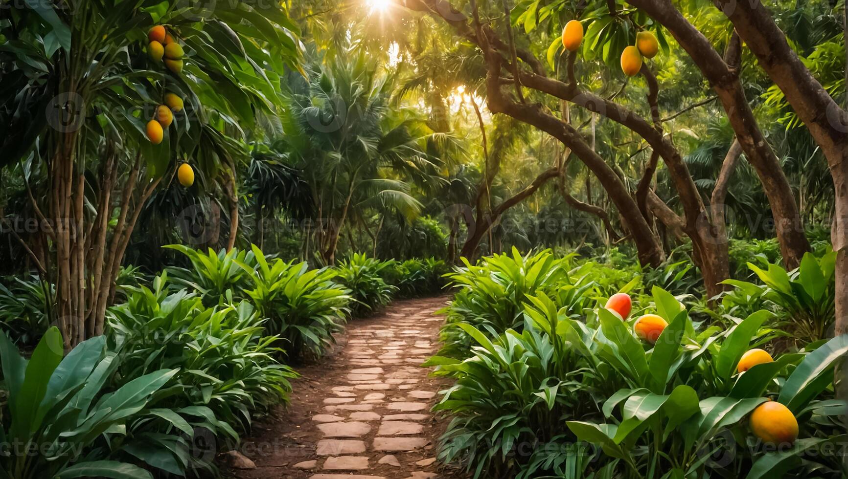 Beautiful alley with mango trees in the garden photo