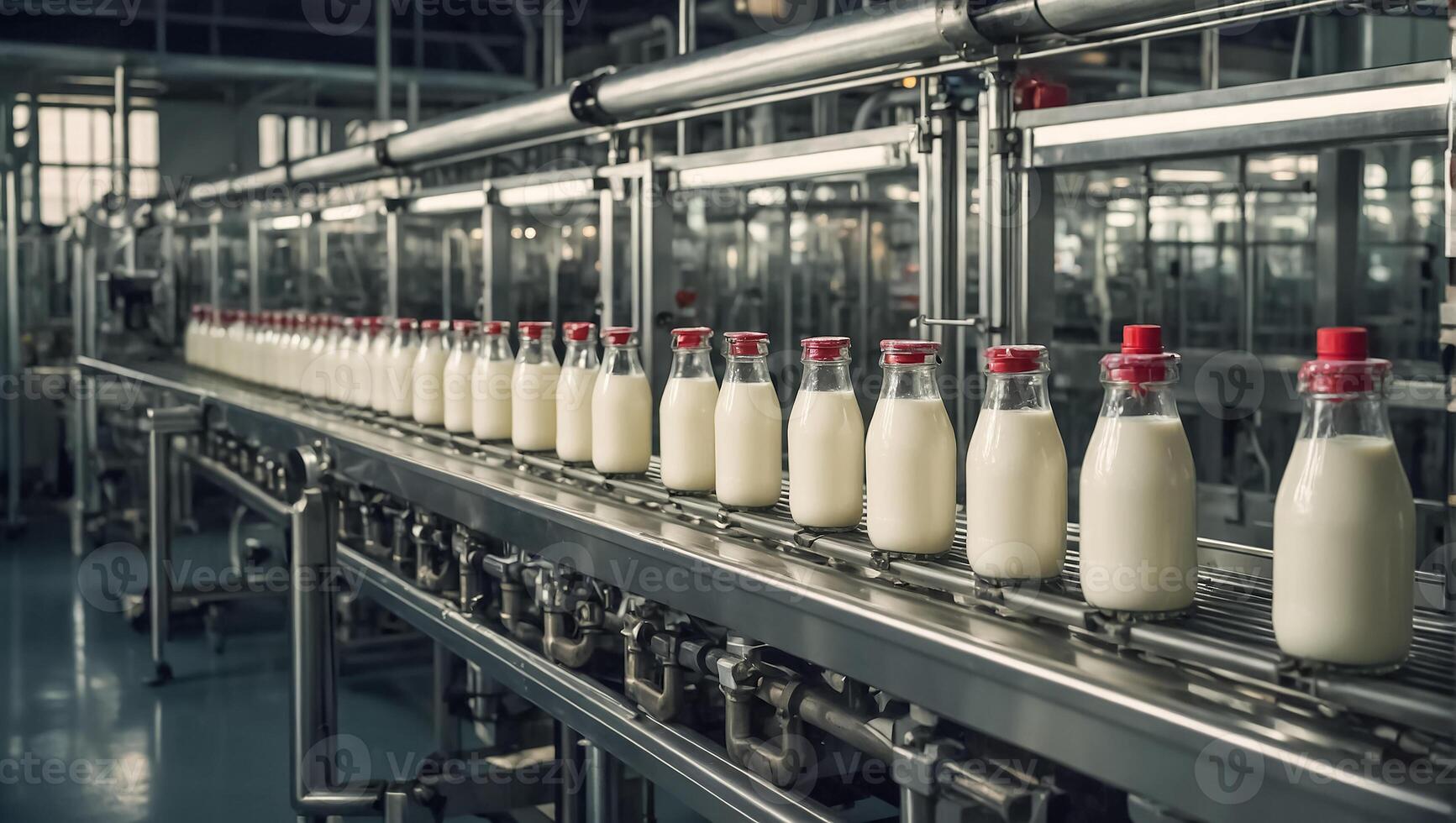 AI generated Conveyor with milk bottles photo