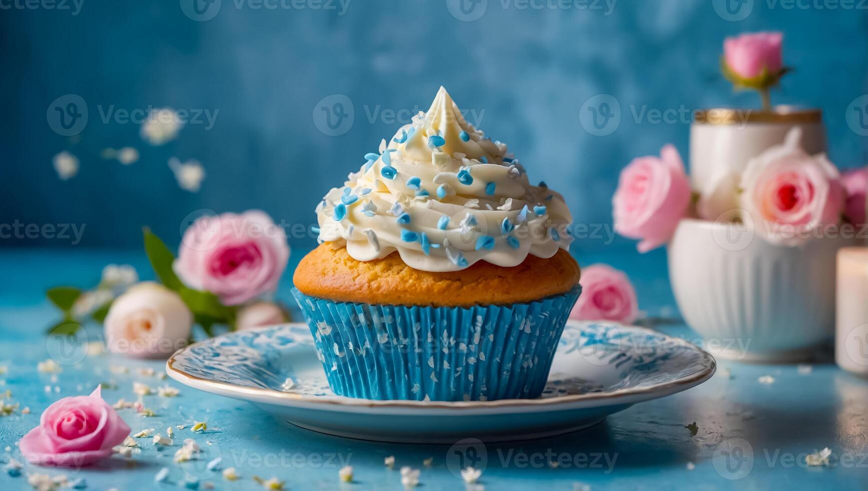 AI generated Beautiful cupcake with cream and flowers photo