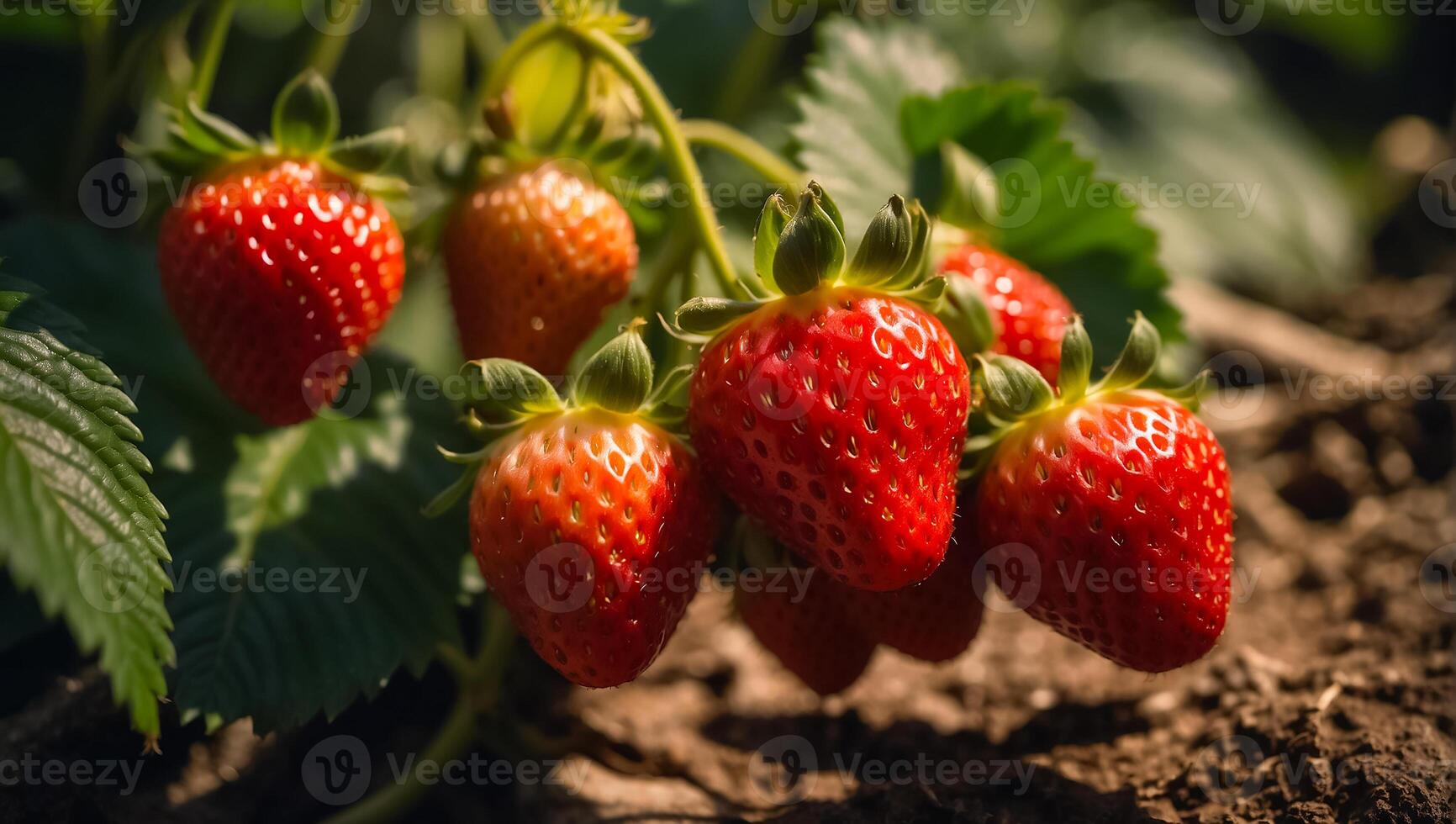 ai generado Fresco fresas en el jardín de cerca foto